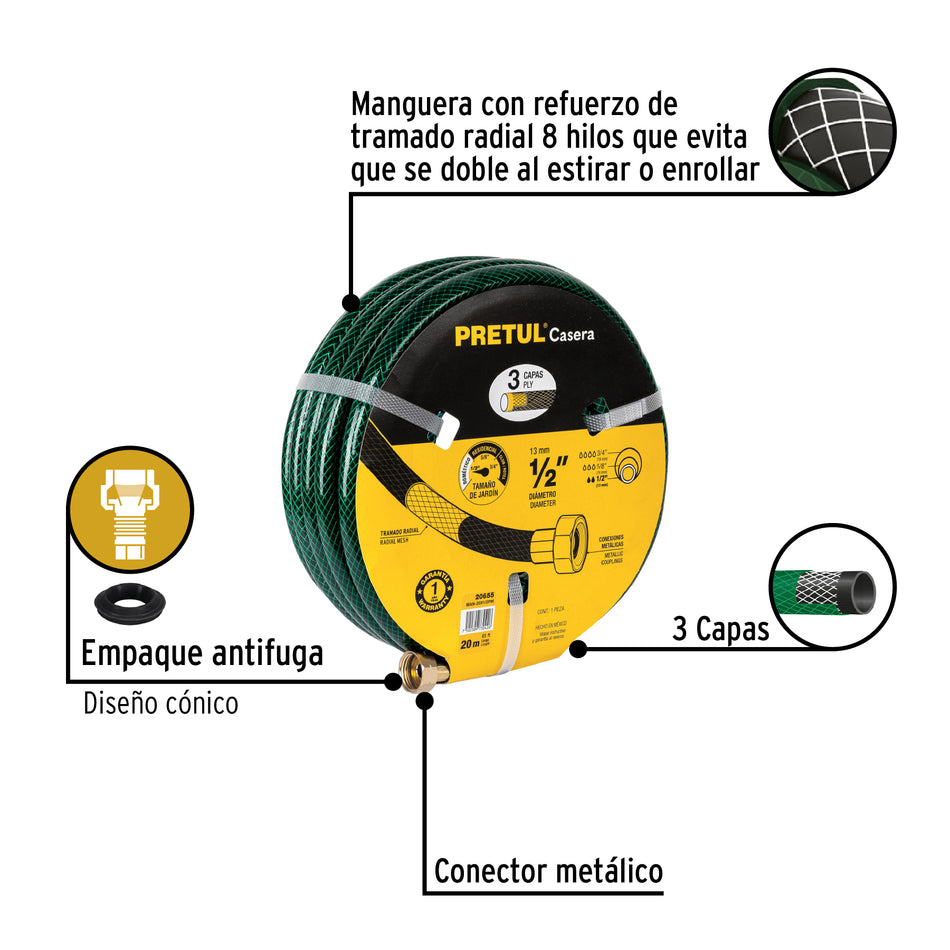 Manguera 1/2' reforzada 3 capas conexiones metal 20m, Pretul Caja con 6, 20655