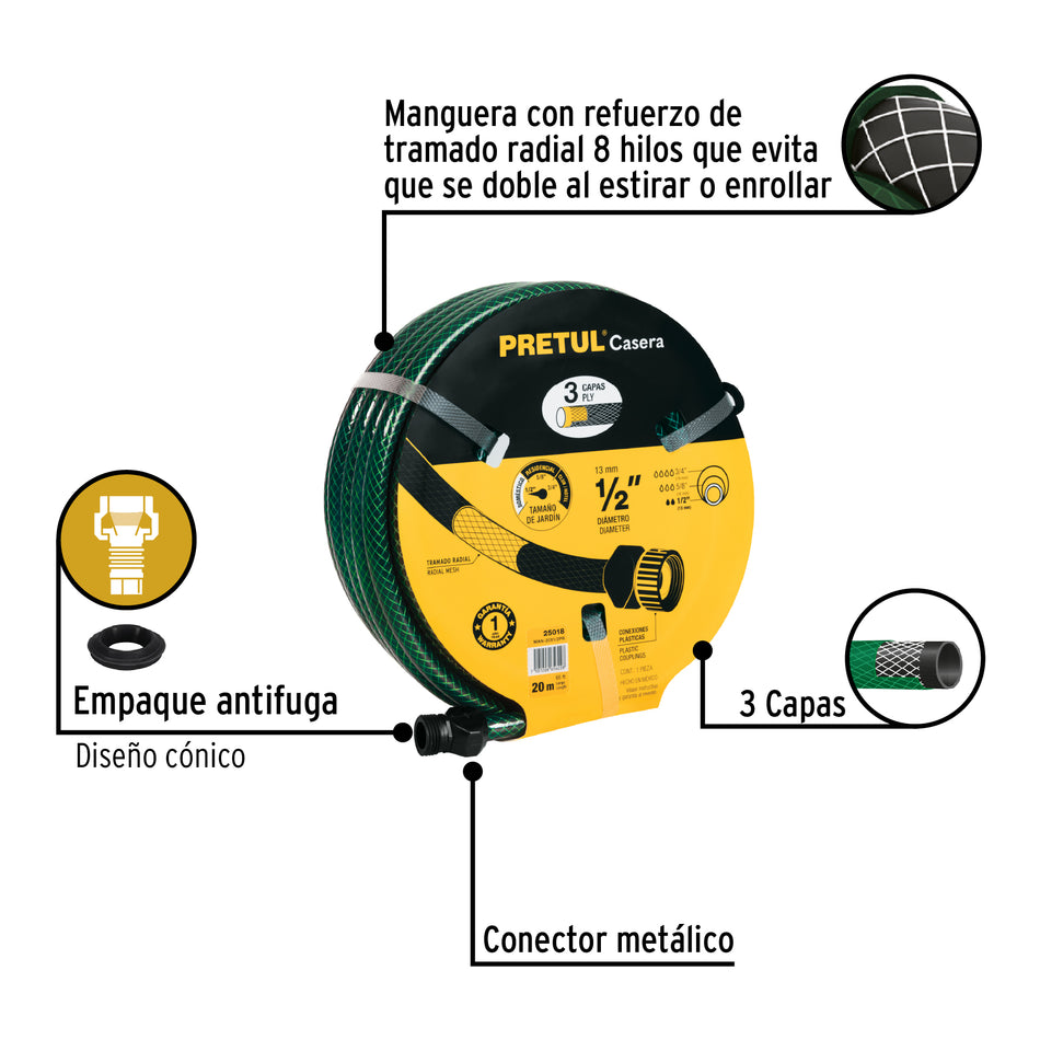 Manguera 1/2' reforzada 3 capas 15m conexiones plást, Pretul Caja con 6, 25017