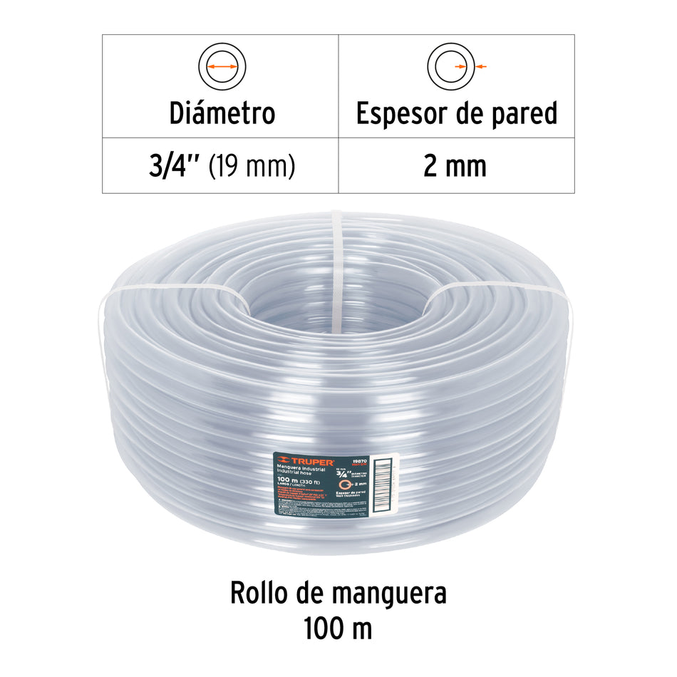 Metro de manguera 3/4' industrial en rollo de 100 m, Truper Caja con 100, 19870