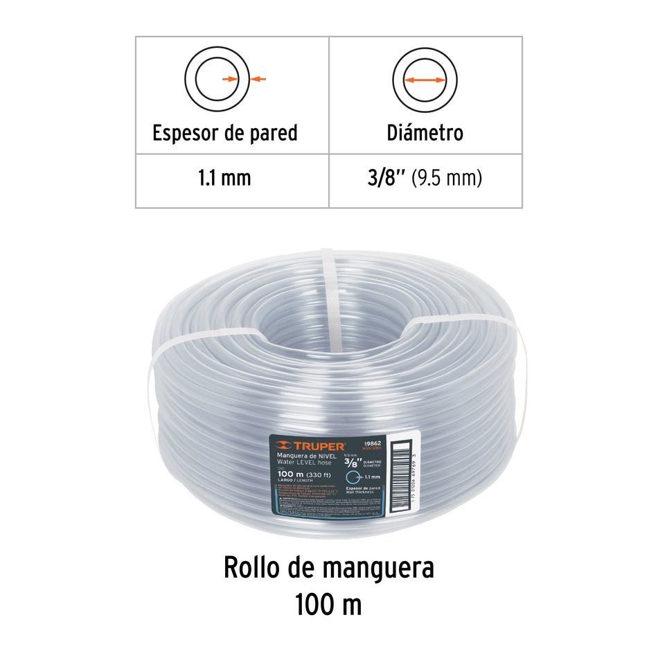 Metro de manguera 3/8' de nivel en rollo de 100 m, Truper Caja con 100, 19862