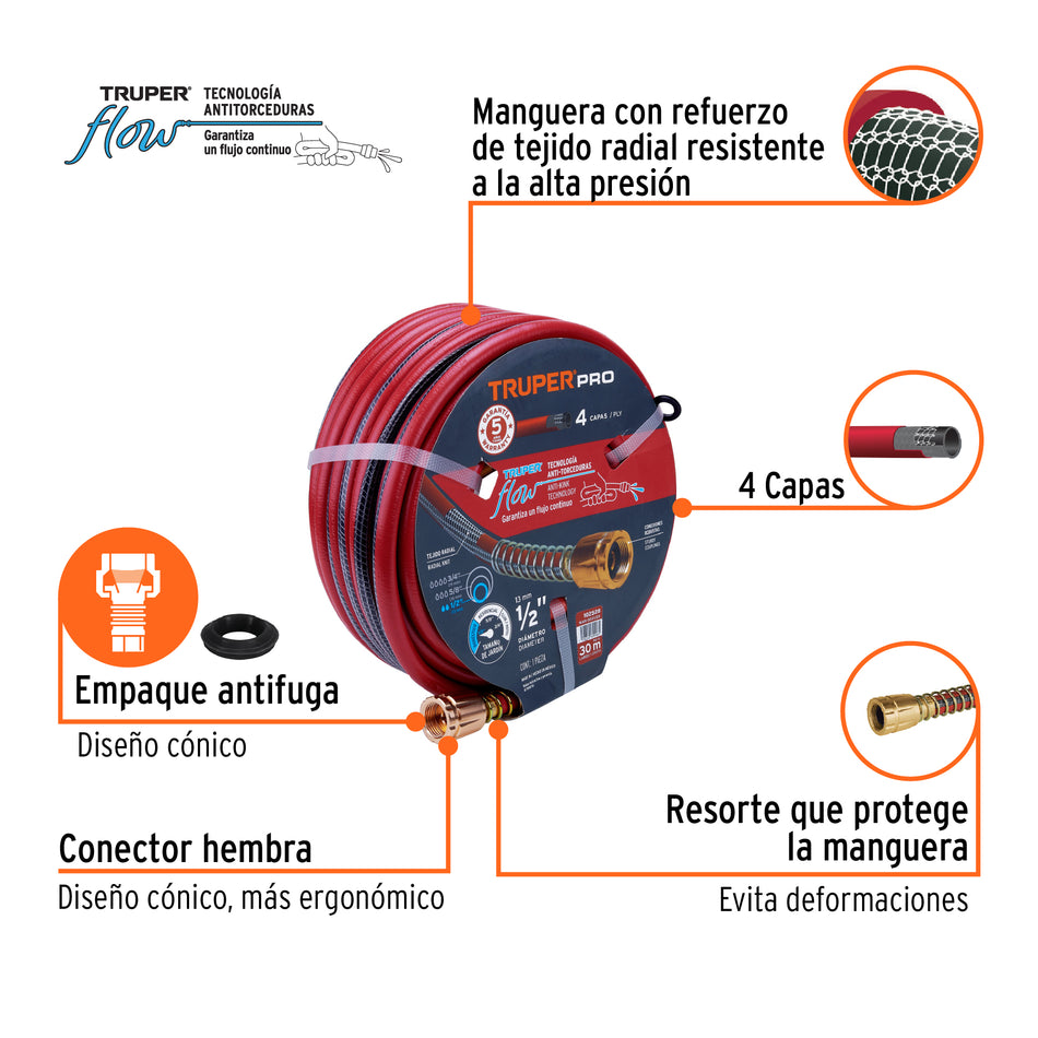 Manguera 1/2' super reforzada 4 capas 30 m conexiones metal Caja con 5, 102528