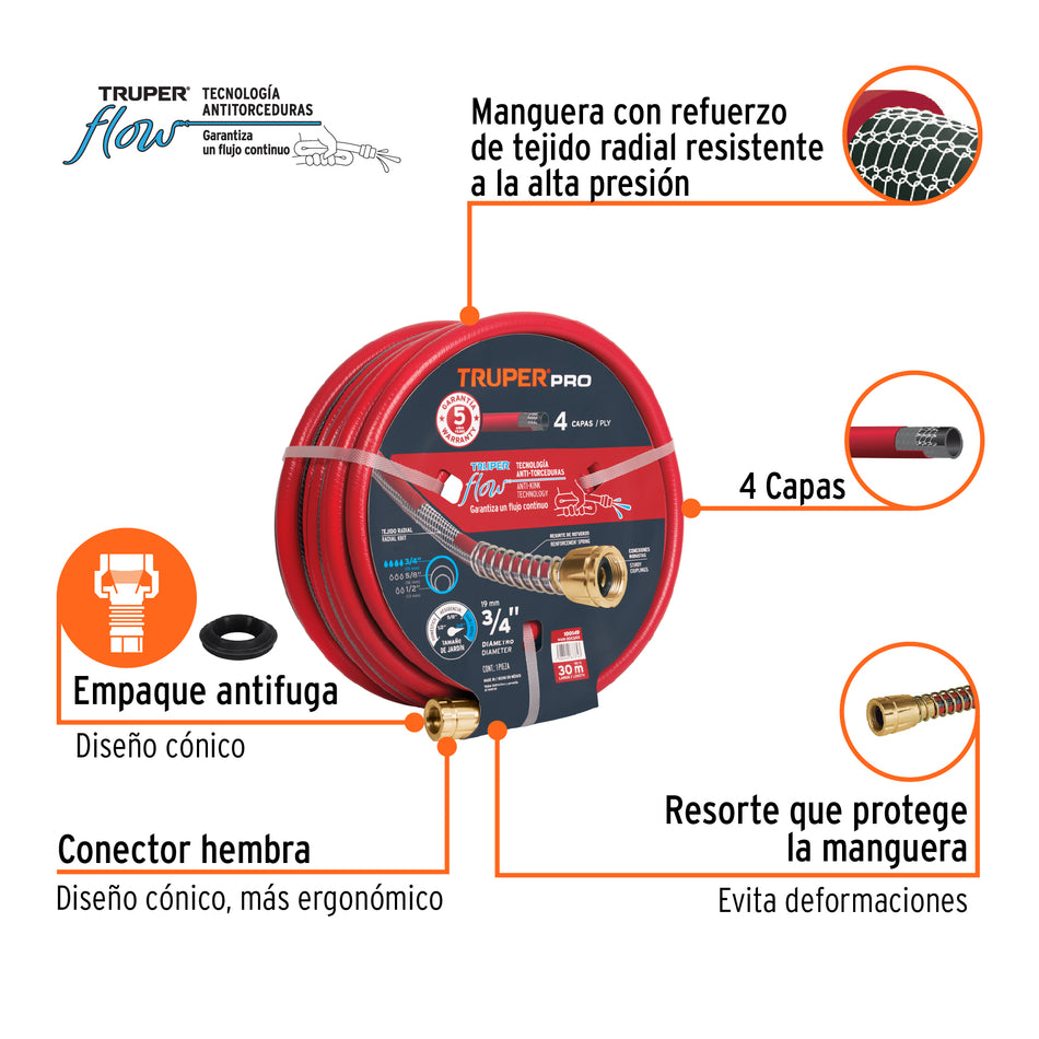 Manguera 3/4' super reforzada 4 capas conexiones metal 30m, 100149