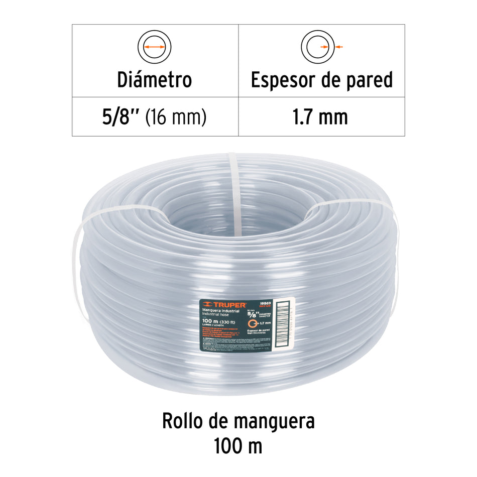 Metro de manguera 5/8' industrial en rollo de 100 m, Truper Caja con 100, 19869