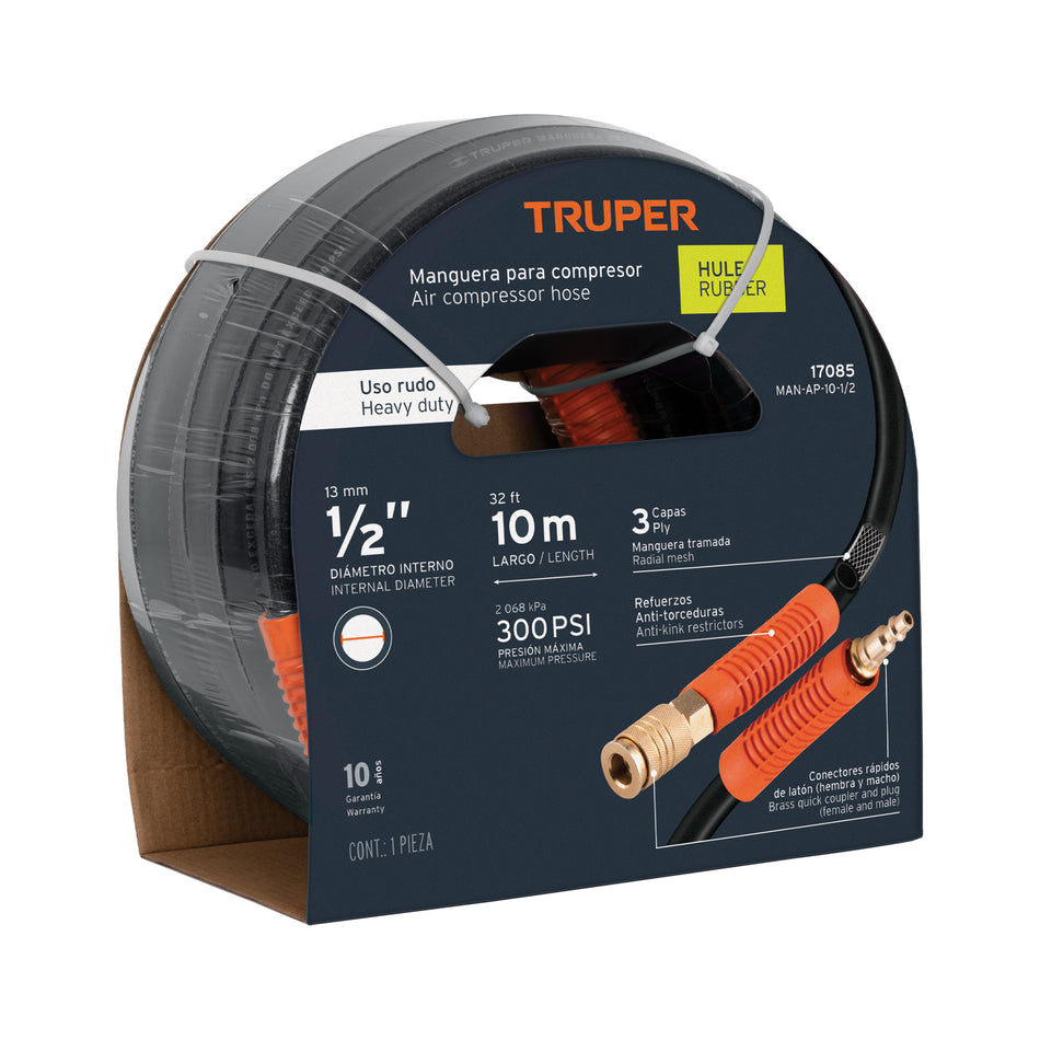 Manguera para compresor, de hule, 10m x 1/2', Truper, 17085