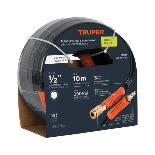 Manguera para compresor, de hule, 10m x 1/2', Truper, 17085
