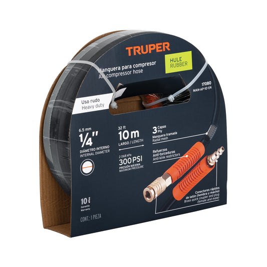 Manguera para compresor, de hule, 10m x 1/4', Truper Caja con 3, 17080