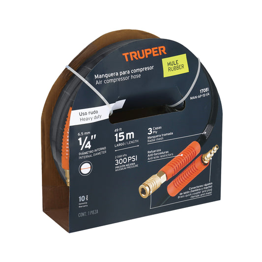 Manguera para compresor, de hule, 15m x 1/4', Truper Caja con 3, 17081