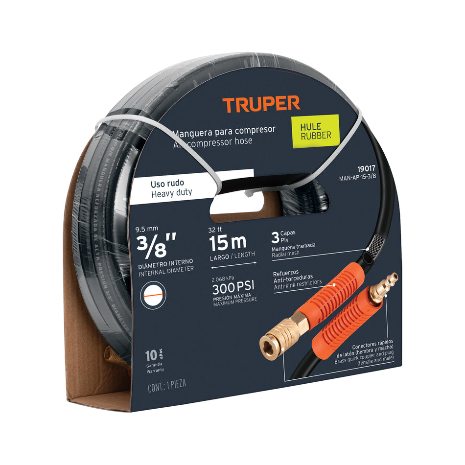 Manguera para compresor, de hule, 15m x 3/8', Truper, 19017