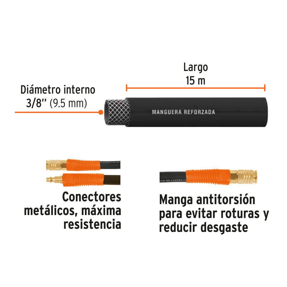 Manguera para compresor, de hule, 15m x 3/8', Truper, 19017