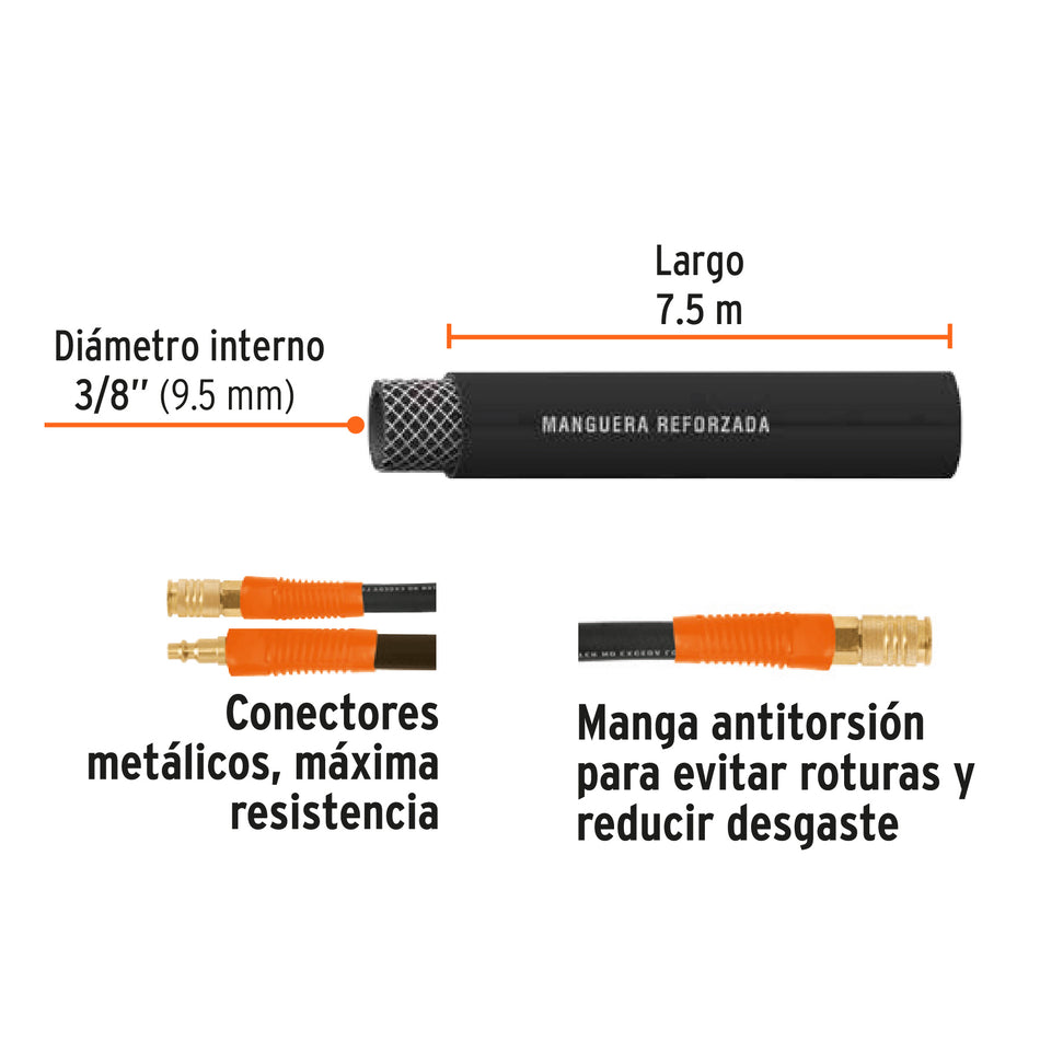 Manguera para compresor, de hule, 7.5m x 3/8', Truper Caja con 3, 19214