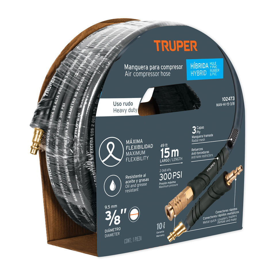 Manguera para compresor, híbrida, 15m x 3/8', Truper, 102473