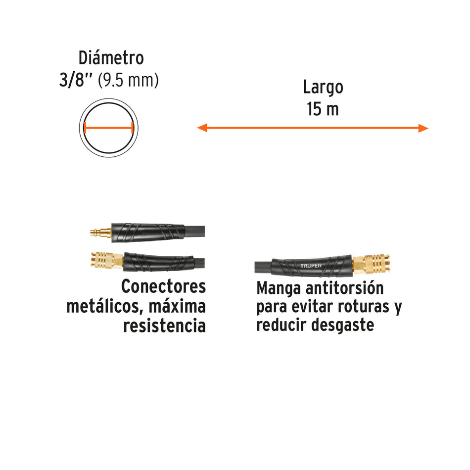Manguera para compresor, híbrida, 15m x 3/8', Truper, 102473