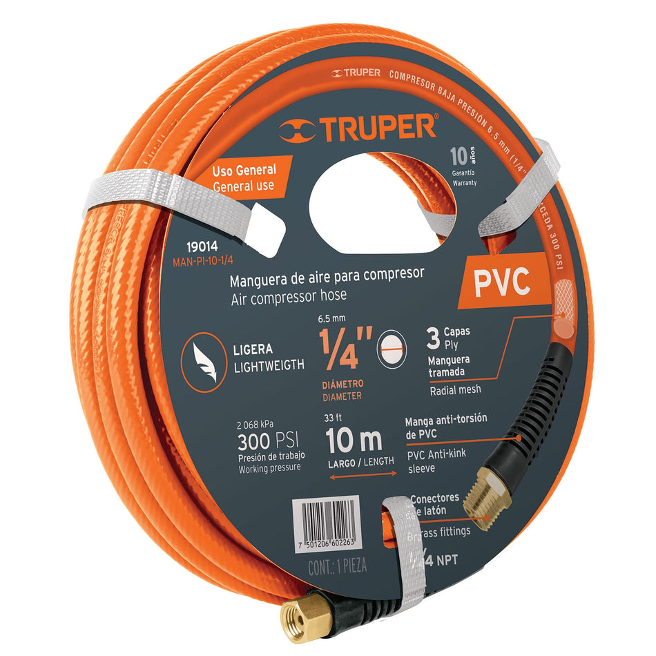 Manguera para compresor, de PVC, 10m x 1/4', Truper Caja con 3, 19014