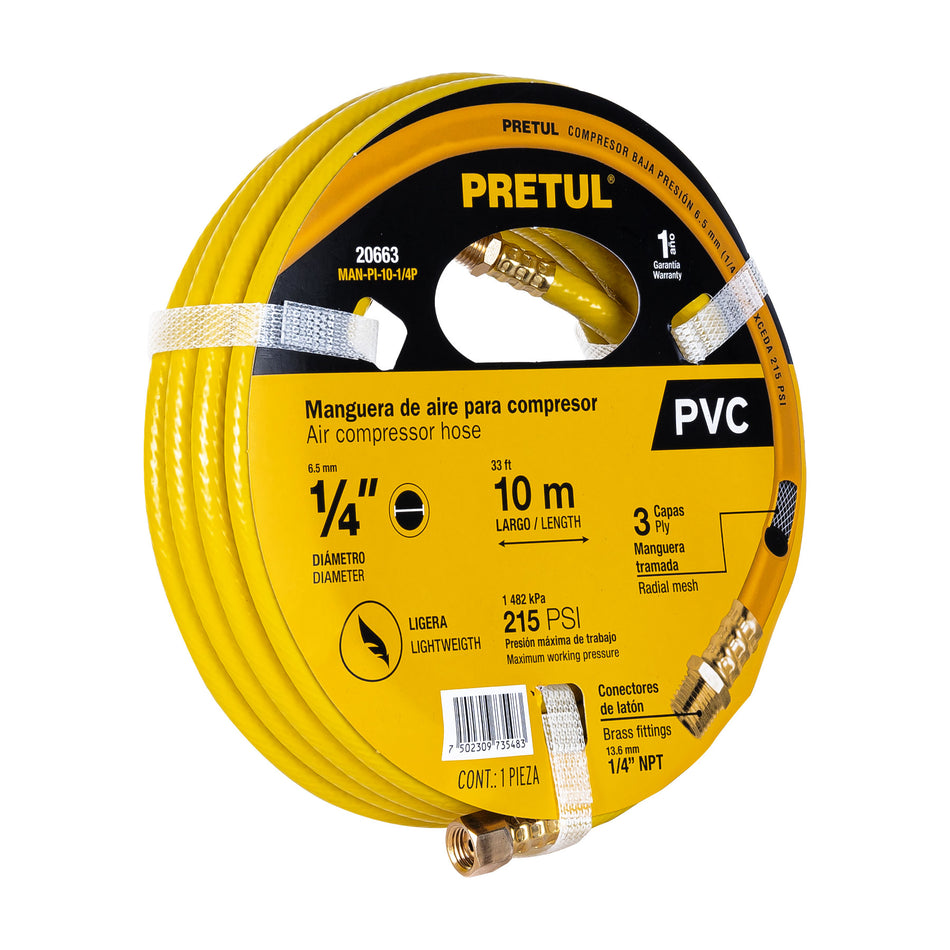 Manguera para compresor, de PVC, 10m x 1/4', Pretul Caja con 3, 20663