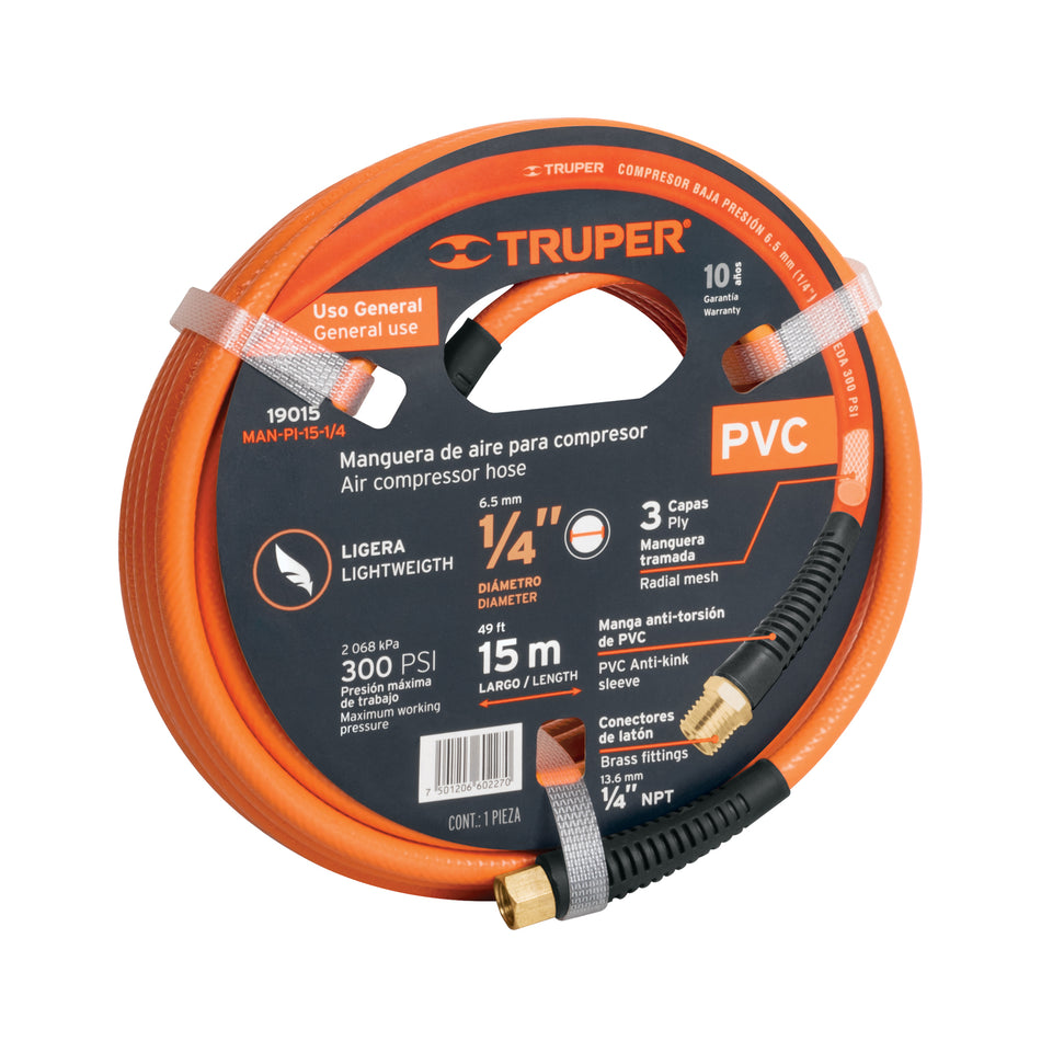 Manguera para compresor, de PVC, 15m x 1/4', Truper Caja con 3, 19015