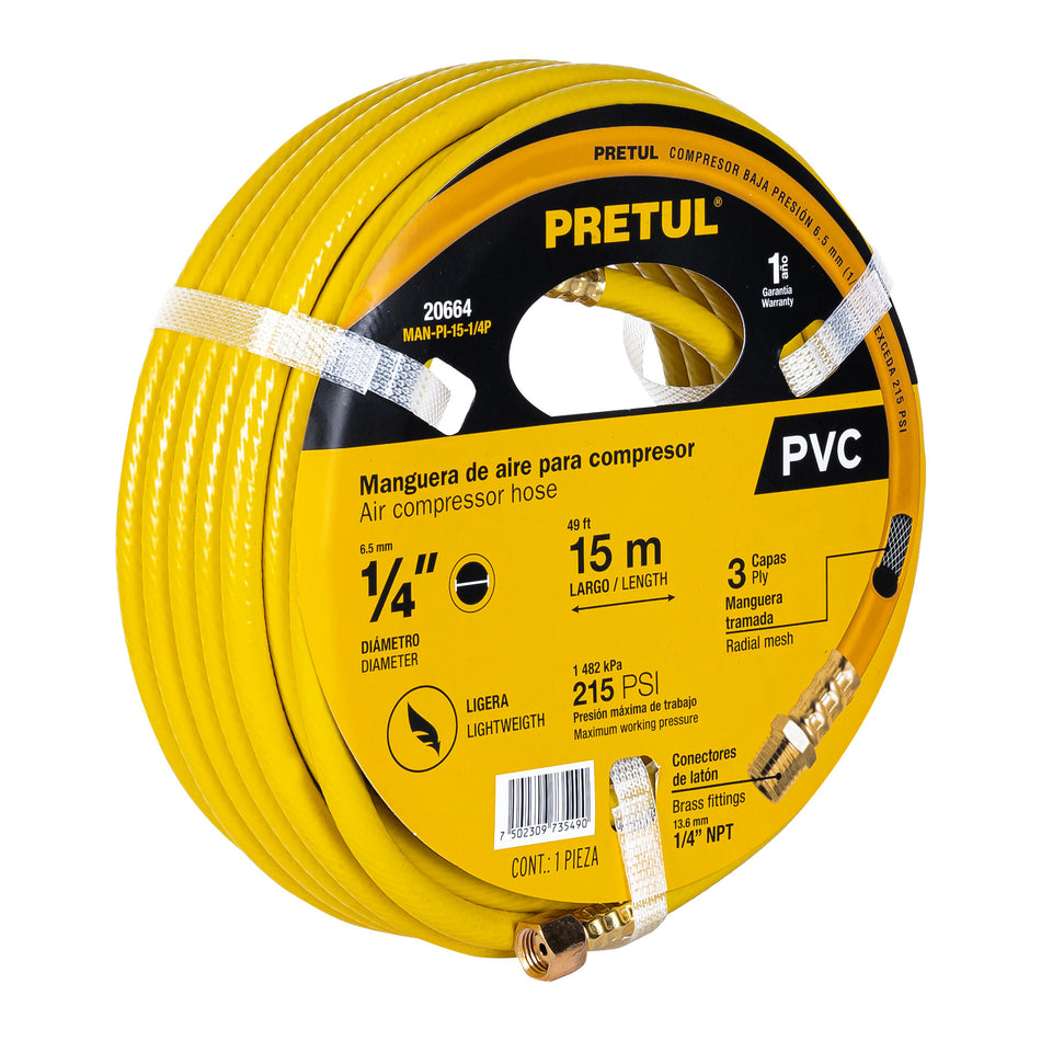 Manguera para compresor, de PVC, 15m x 1/4', Pretul Caja con 3, 20664