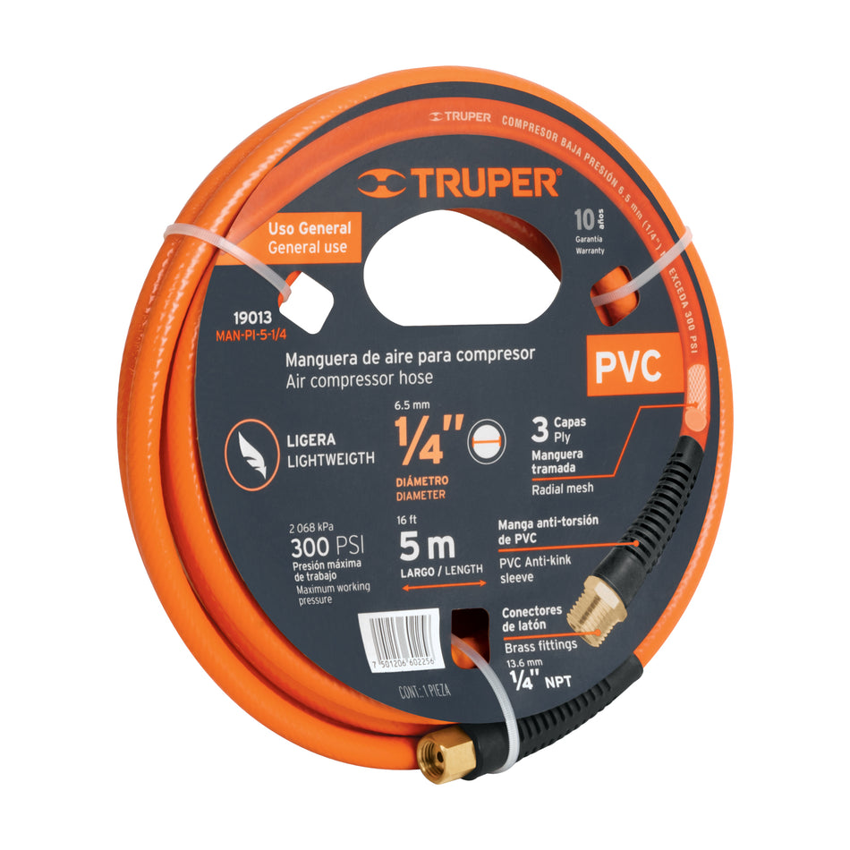 Manguera para compresor, de PVC, 5m x 1/4', Truper Caja con 3, 19013