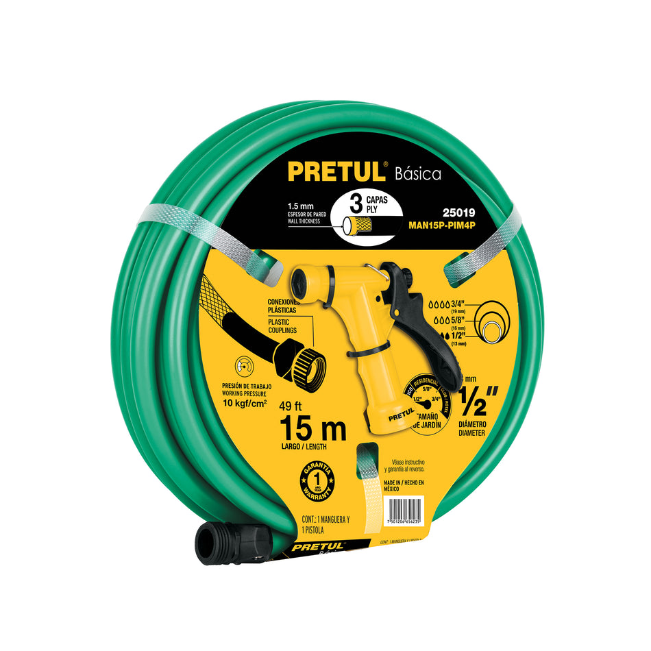 Combo manguera MAN-15X1/2P y pistola de riego PIM-4P, PRETUL Caja con 5, 25019