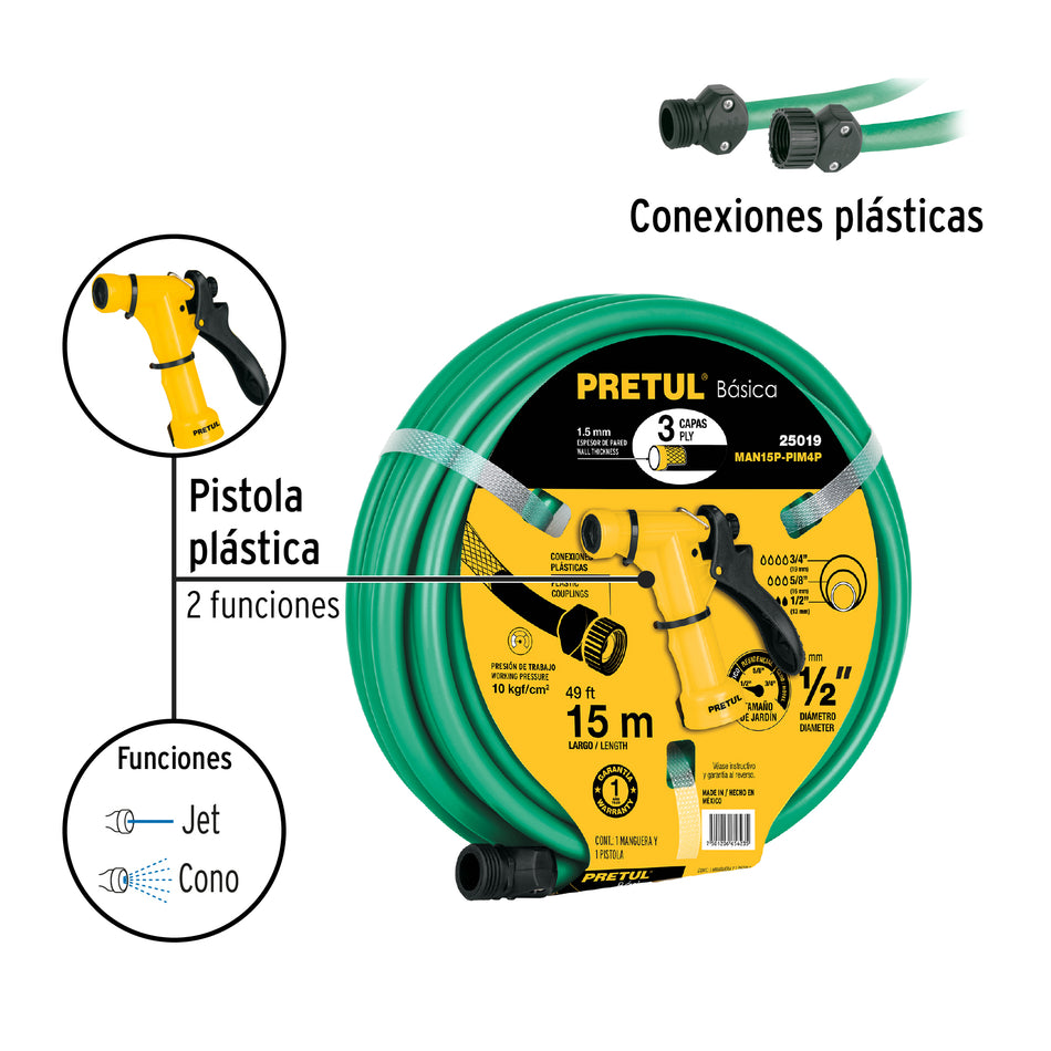Combo manguera MAN-15X1/2P y pistola de riego PIM-4P, PRETUL Caja con 5, 25019