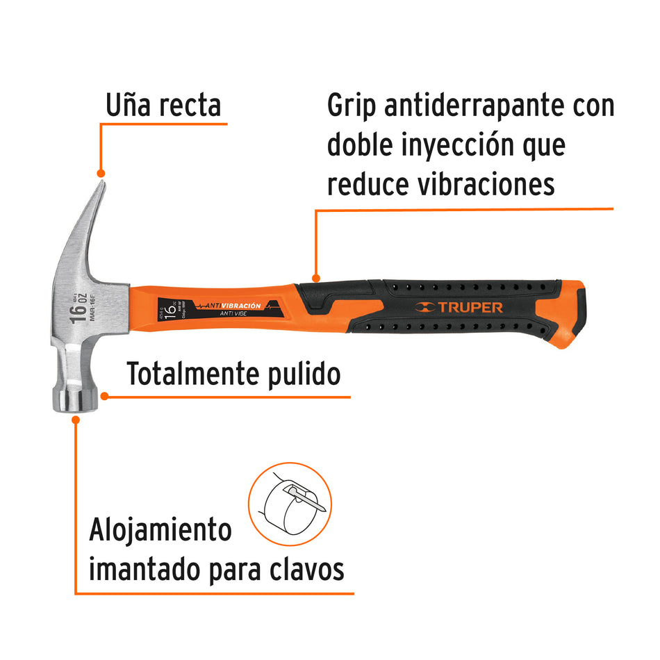Martillo 16 oz uña recta, mango fibra de vidrio, Truper Caja con 4, 19997