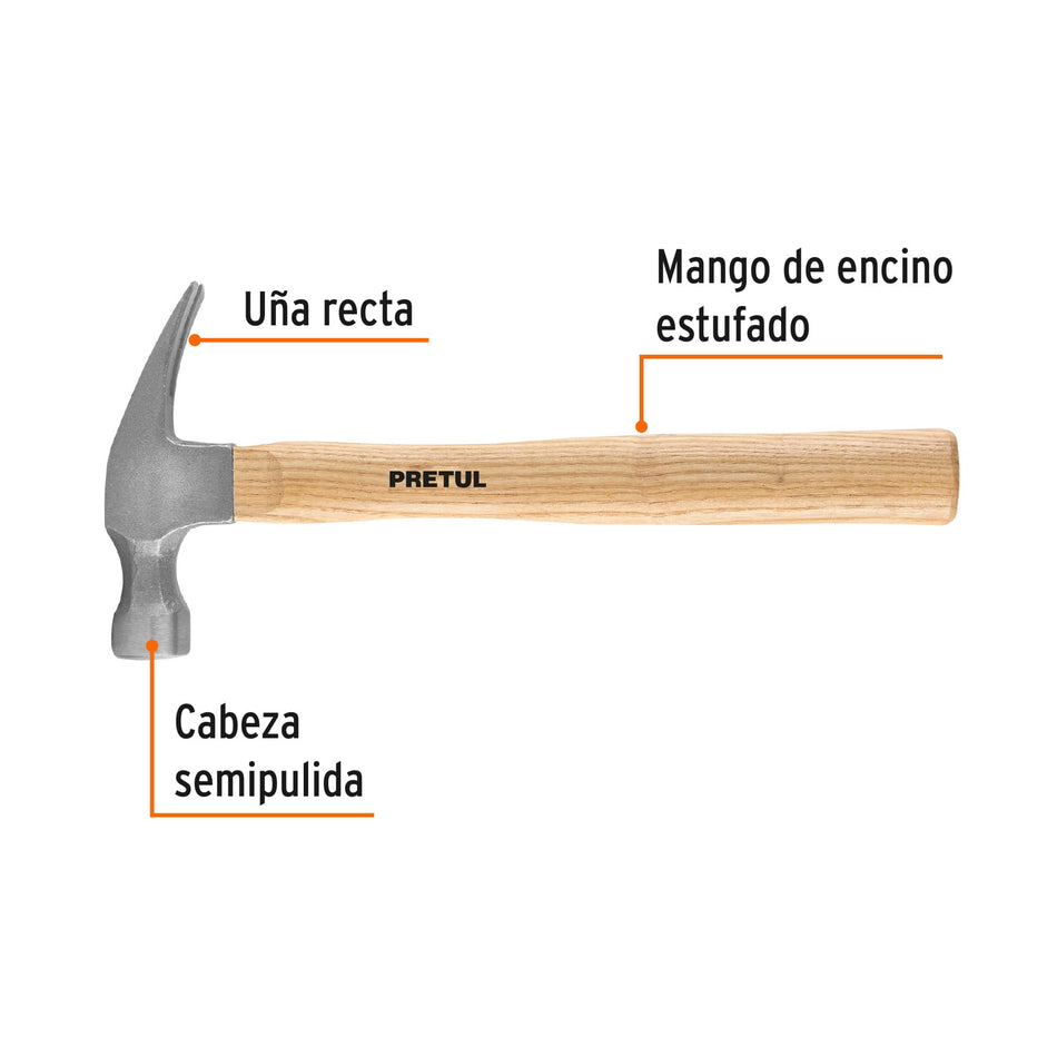Martillo semipulido, 16 oz, uña recta, PRETUL Caja con 6, 25001