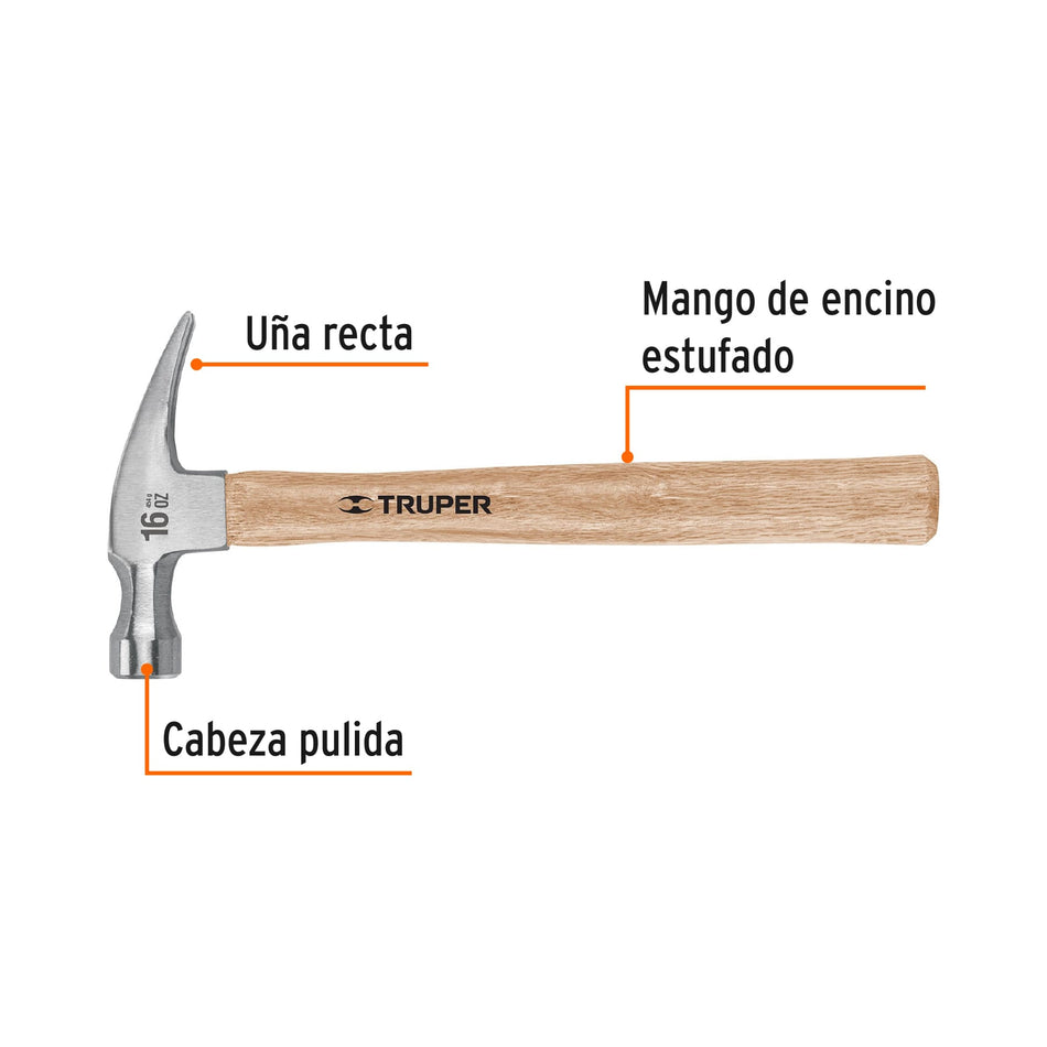 Martillo pulido, 16 oz, uña recta, mango madera, TRUPER Caja con 6, 16754