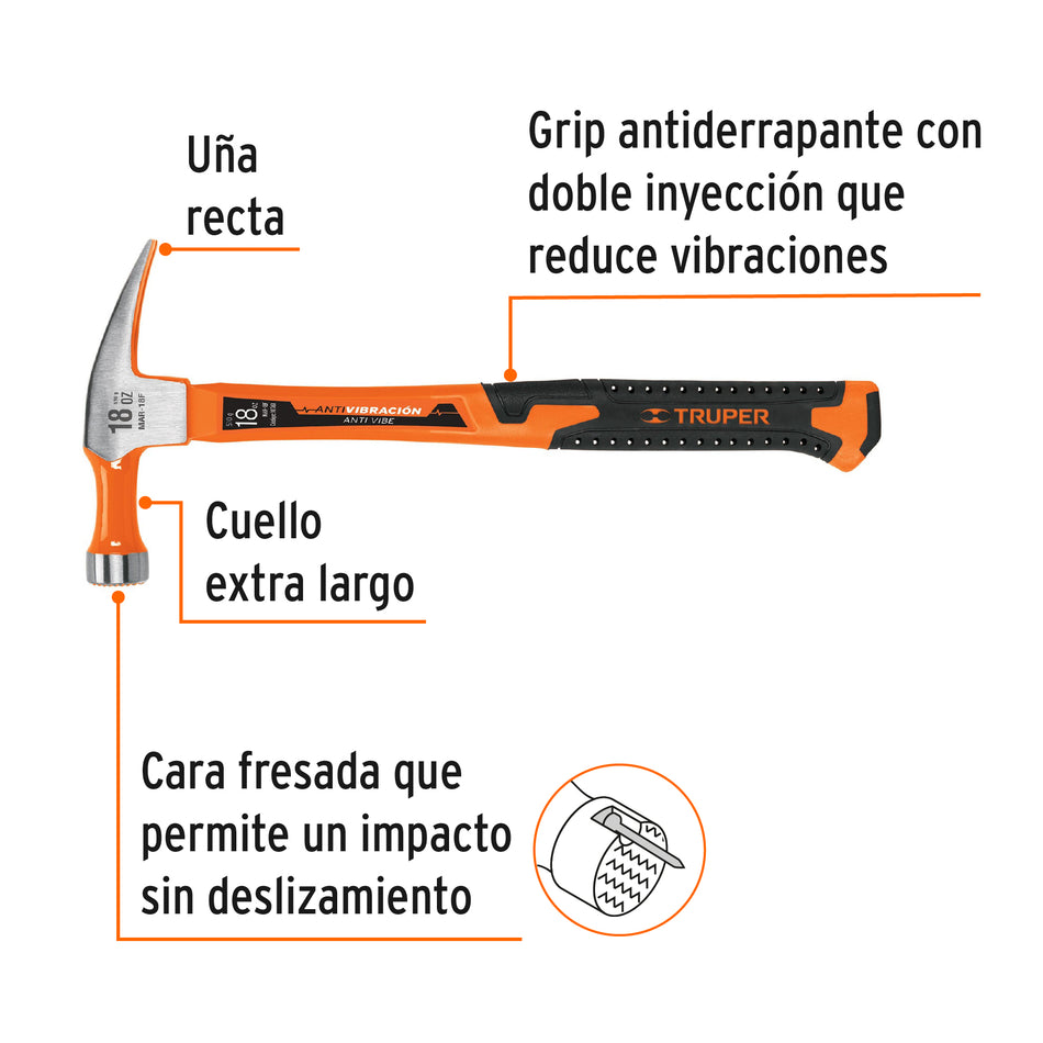 Martillo 18 oz uña recta, mango fibra de vidrio, Truper Caja con 4, 10761