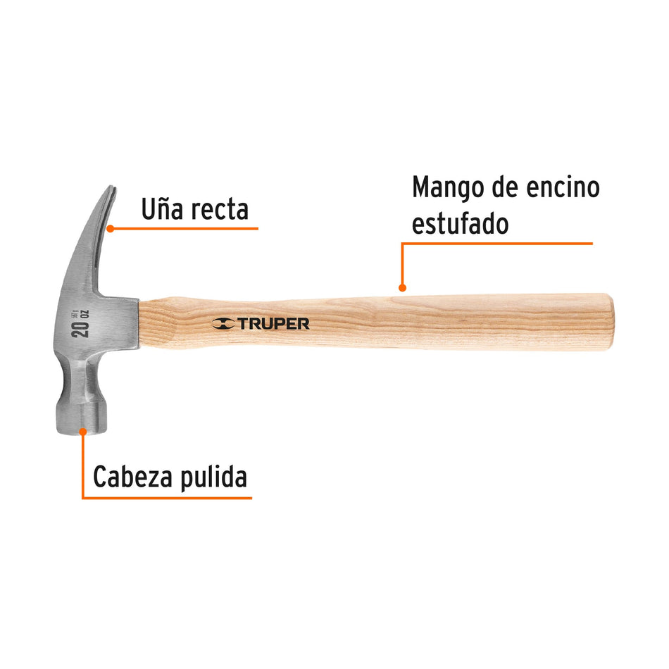 Martillo pulido, 20 oz, uña recta, mango madera, TRUPER Caja con 6, 16755
