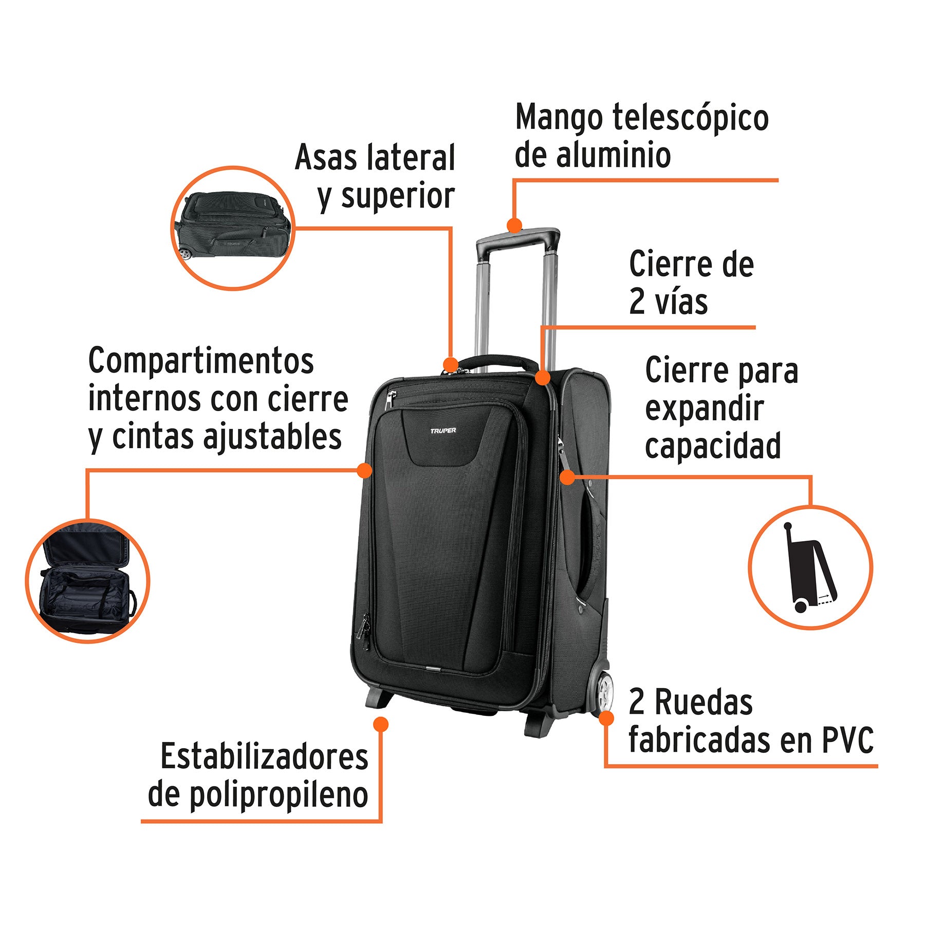 Maleta de cabina ligera negra 49 L, Truper, 62140