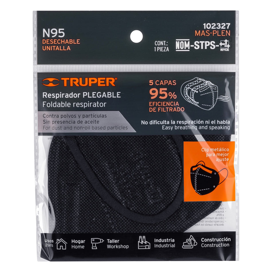 Respirador plegable N95 negro para polvos y partículas Caja con 10, 102327