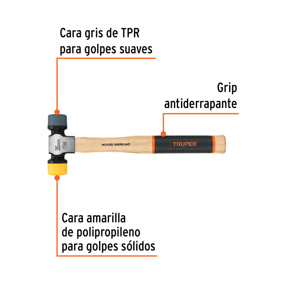 Martillo 35 mm con caras suaves intercambiables, Truper Grip Caja con 4, 13137