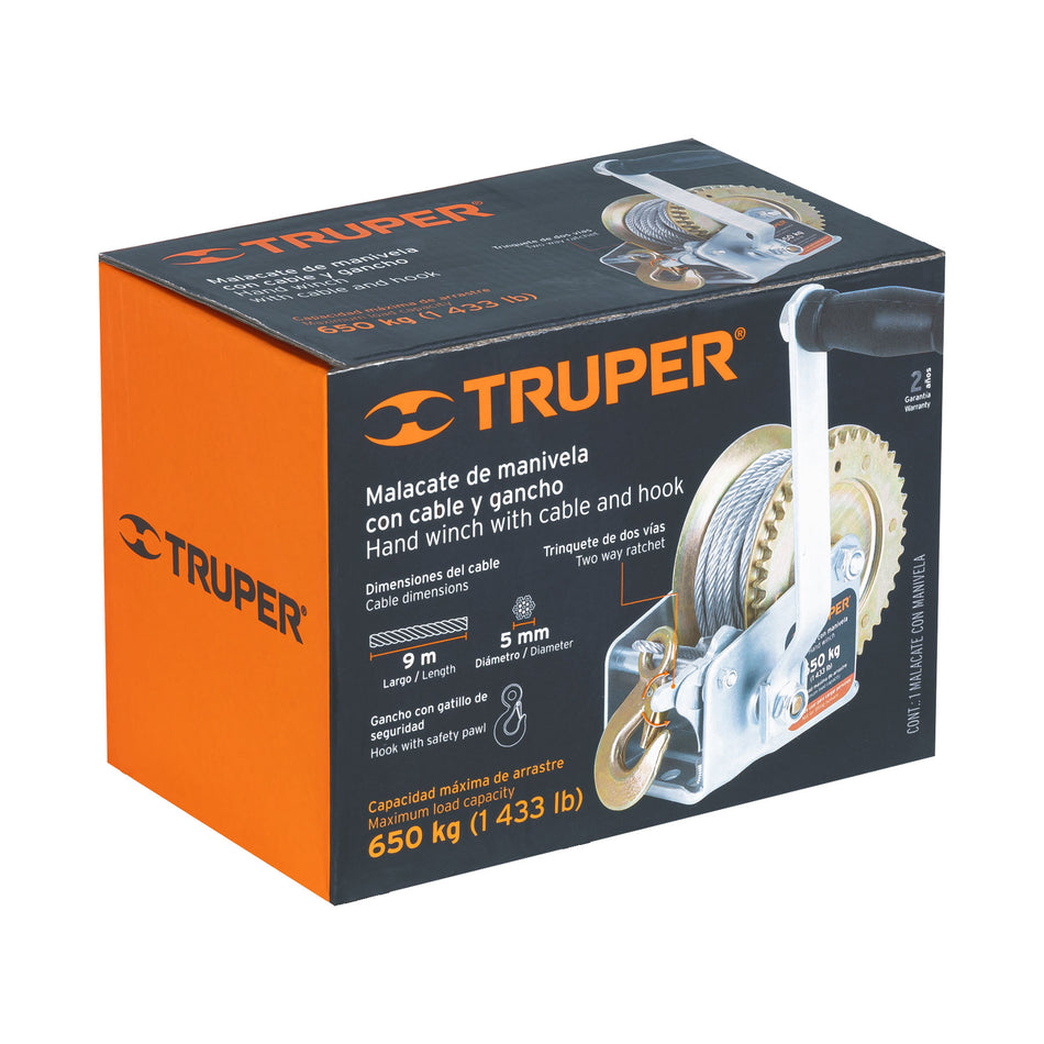 Malacate de manivela 650 kg con cable, Truper, 14720