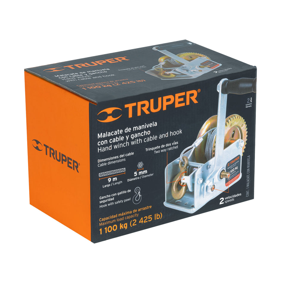 Malacate de manivela 1100 kg con cable, Truper, 14721