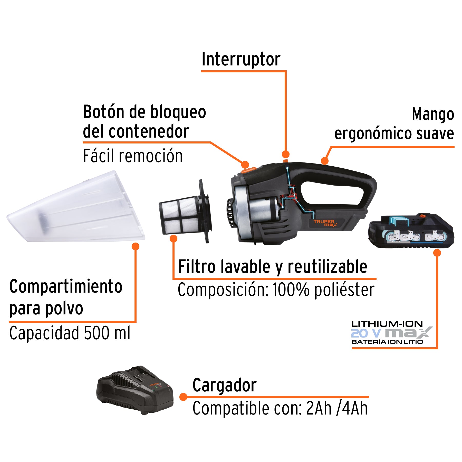 Aspiradora inalámbrica, 20V, TRUPER MAX, 102446