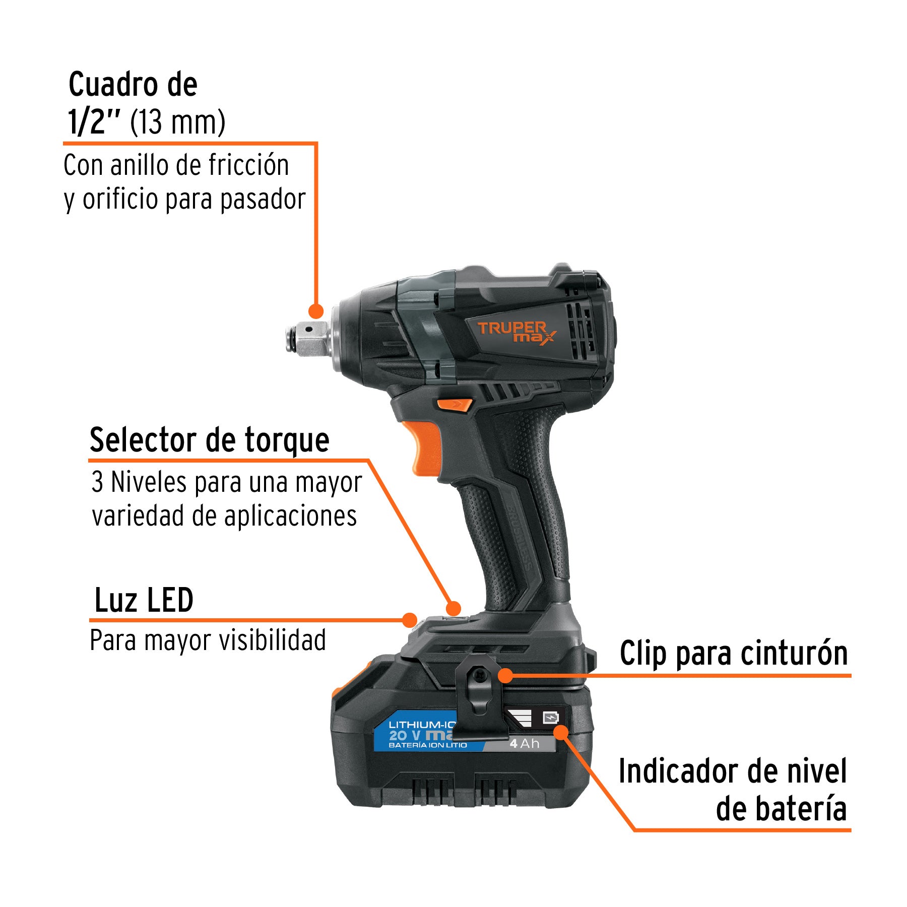 Llave d/impacto inalámbrica 1/2', 20V, s/accesorios, MAX, 101407