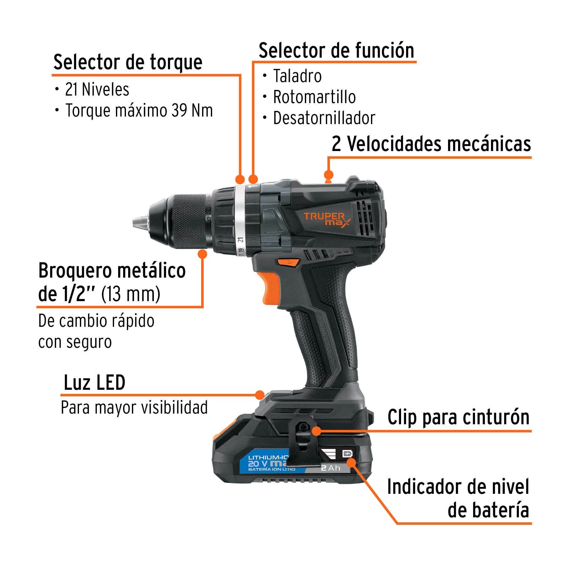 Rotomartillo inalámbrico 1/2', 20V, sin carbones, TRUPER MAX, 101453