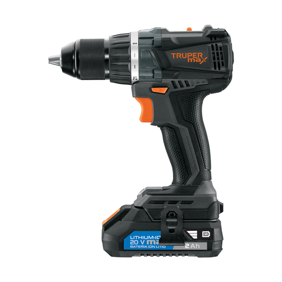 Taladro inalámbrico 1/2', 20V, sin carbones, TRUPER MAX, 101452