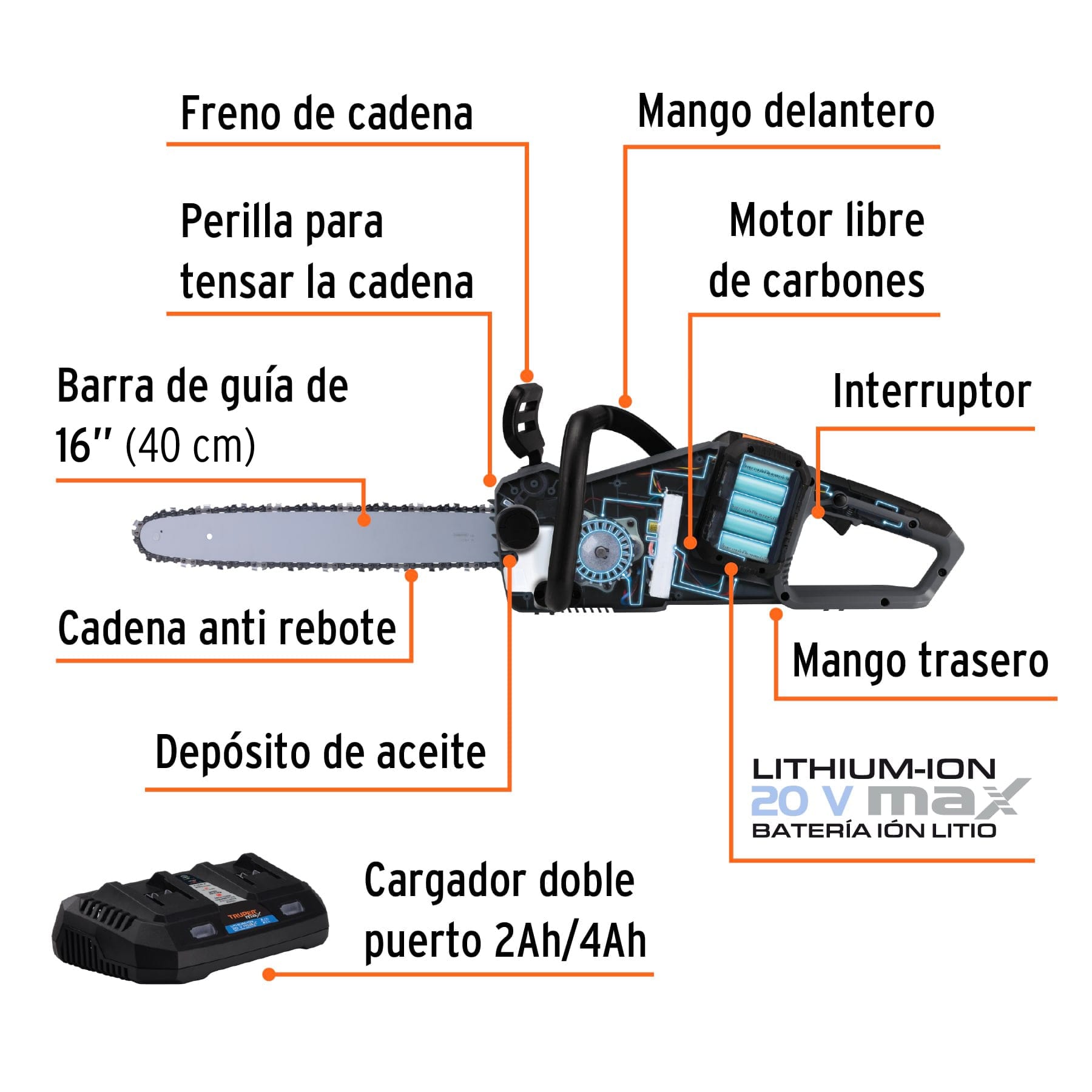 Motosierra inalámbrica 40V, sin carbones, TRUPER MAX, 102491