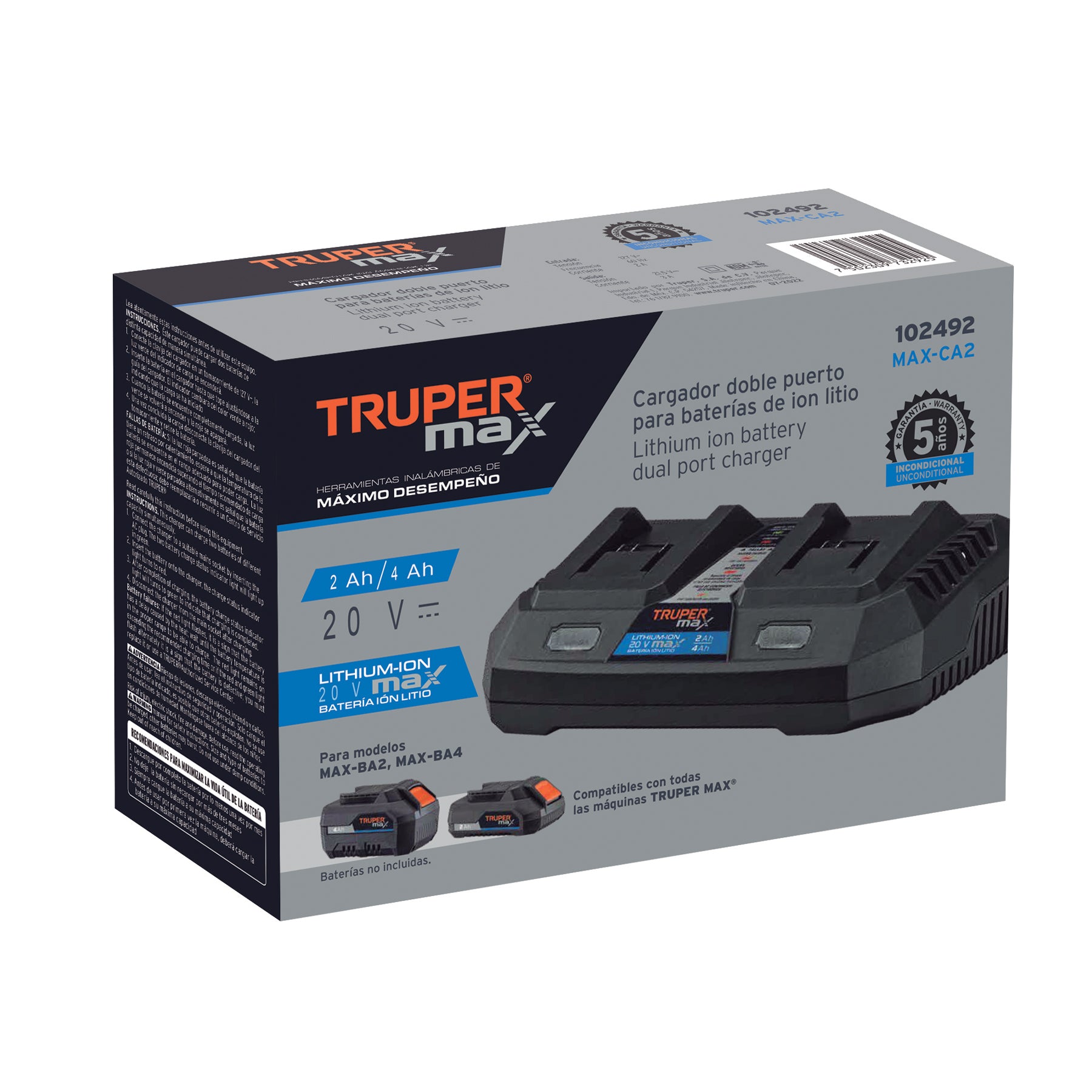 Cargador dual de baterías de ion litio 20V, TRUPER MAX, 102492