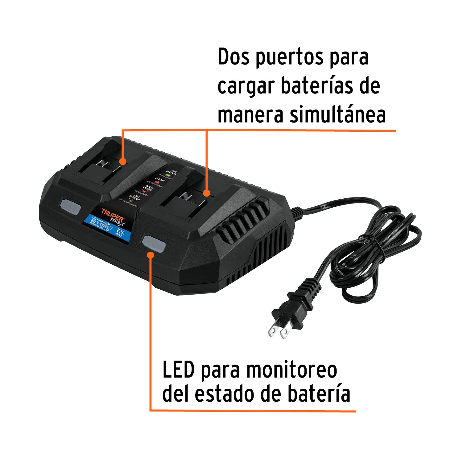 Cargador dual de baterías de ion litio 20V, TRUPER MAX, 102492