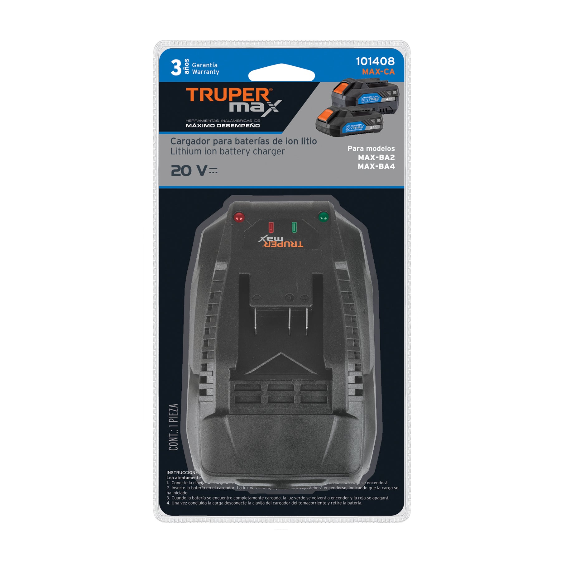 Cargador de baterías de ion litio 20V, TRUPER MAX, 101408