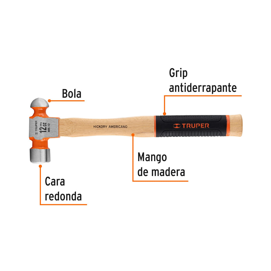 Martillo pulido de bola 12 oz mango hickory, Truper Grip Caja con 4, 16901