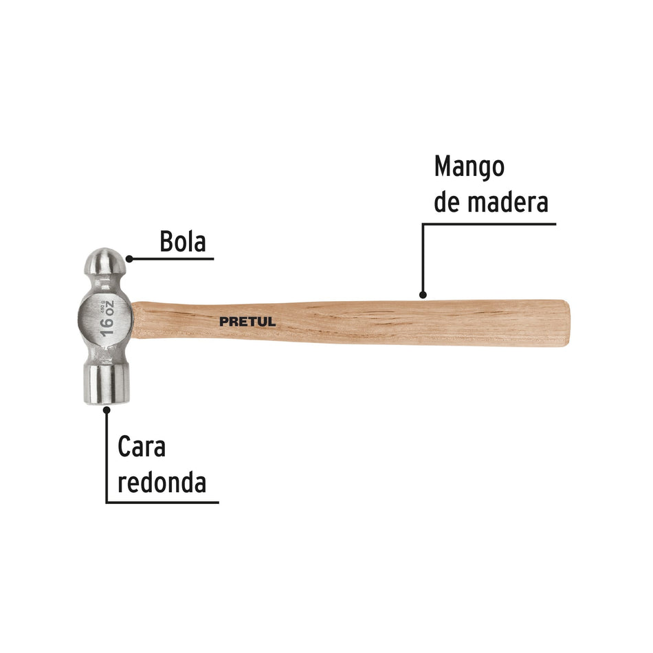 Martillo pulido de bola 16 oz mango madera, Pretul Caja con 4, 22658