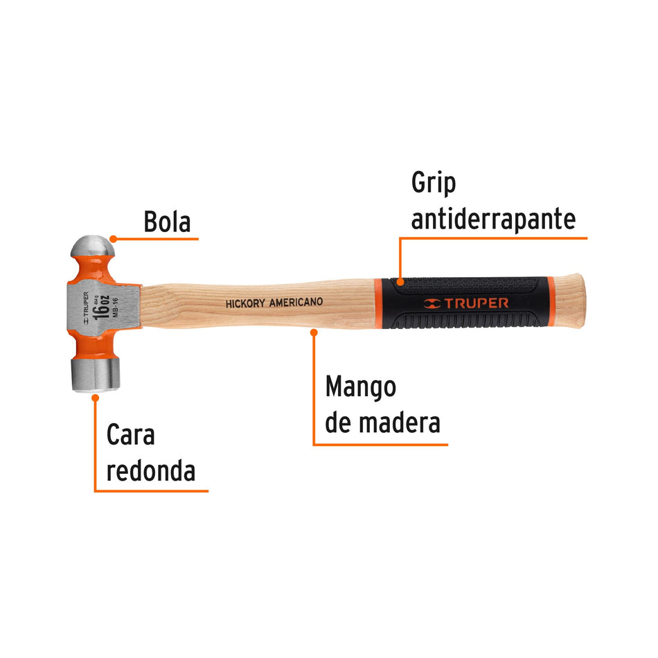 Martillo pulido de bola 16 oz mango hickory, Truper Grip Caja con 4, 16902