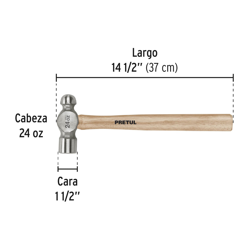 Martillo pulido de bola 24 oz mango madera, Pretul Caja con 4, 22659