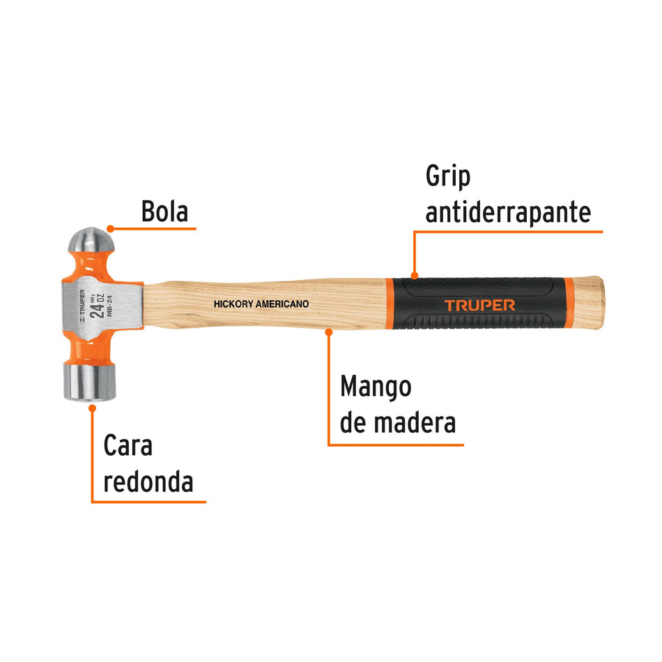 Martillo pulido de bola 24 oz mango hickory, Truper Grip Caja con 4, 16903