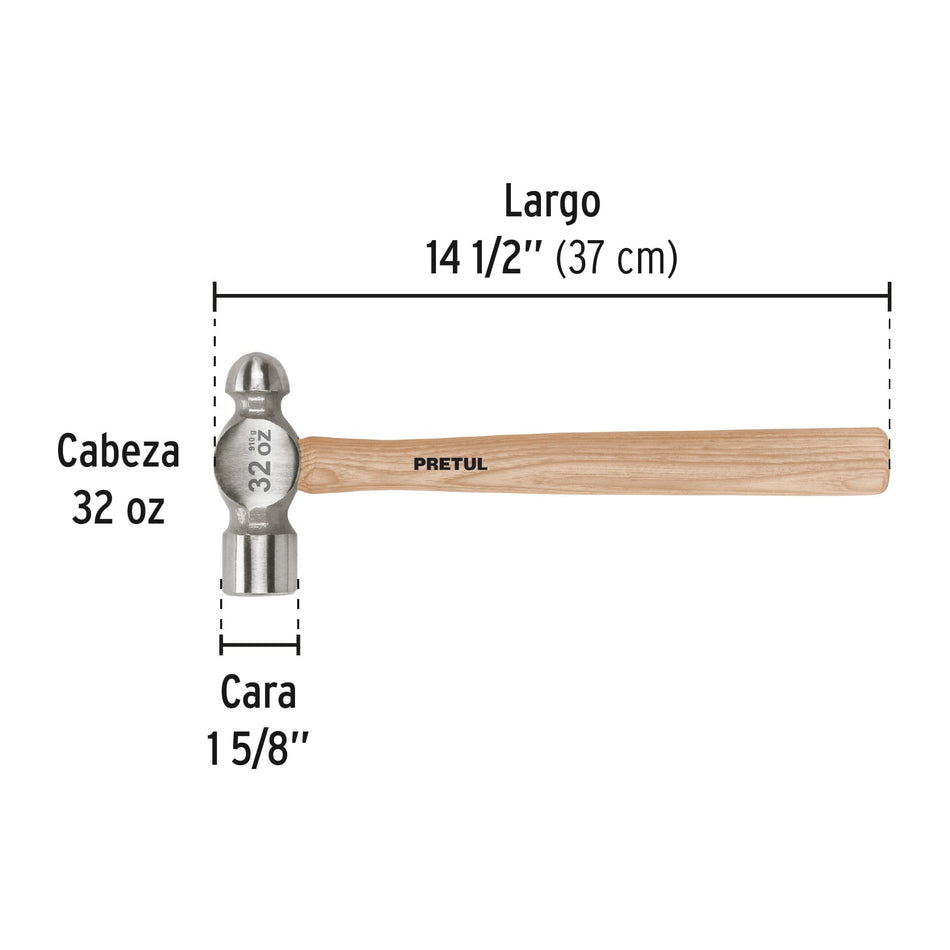 Martillo pulido de bola 32 oz mango madera, Pretul Caja con 4, 22660