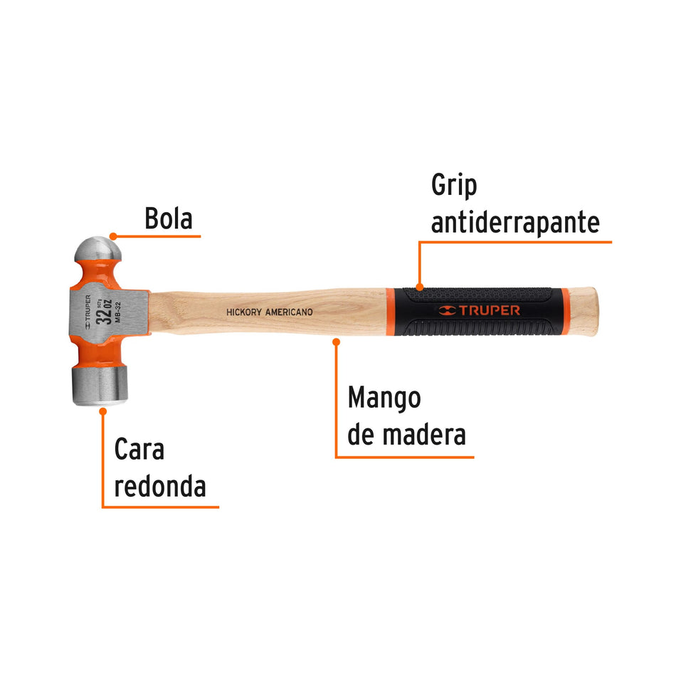 Martillo pulido de bola 32 oz mango hickory, Truper Grip Caja con 4, 16904