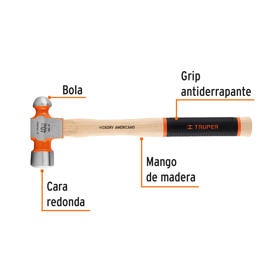 Martillo pulido de bola 40 oz mango hickory, Truper Grip Caja con 4, 16905