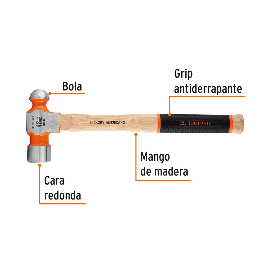 Martillo pulido de bola 48 oz mango hickory, Truper Grip Caja con 4, 16906